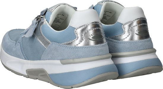 Achterkant van lichtblauwe sneakers met zilveren accenten en "rolling soft" logo.