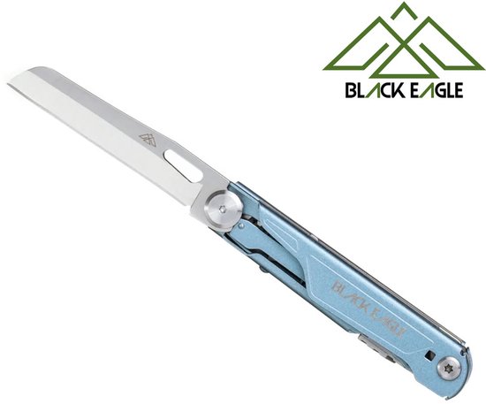Blauw Black Eagle multitool mes met lichtblauwe handgreep, opengeklapt op witte achtergrond.