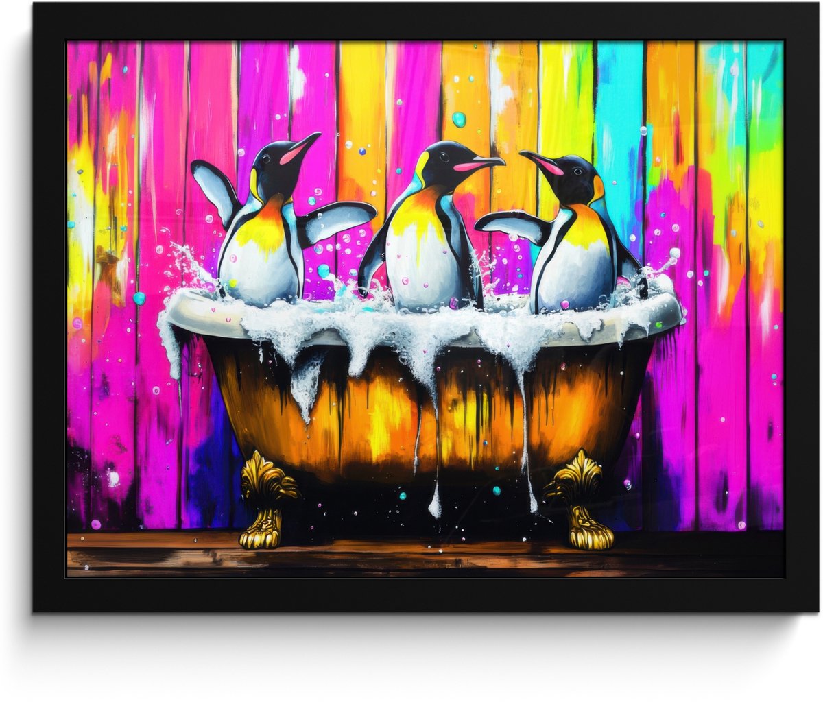 FrameYourWall Poster in lijst - Fotolijst 40x30 cm - Posters - Pinguïns - Badkuip - Kleurrijk - Schuim - Posterlijst zwart - Decoratie - Wanddecoratie woonkamer - Muurdecoratie slaapkamer