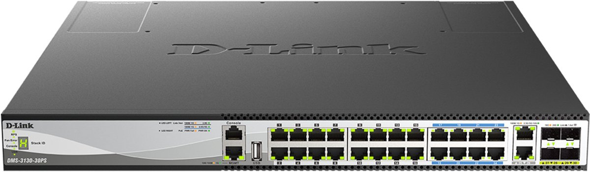 D-Link DMS-3130-30PS - Managed Netwerkswitch - Layer 3 - Multi-Gigabit PoE++ - Stackable