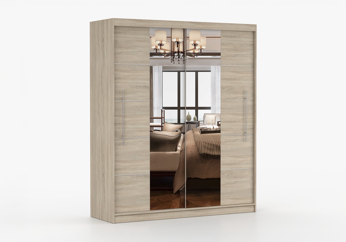 AJE Meubles B.V. ​Kledingkast NICO III 203 cm - 2-deurs schuifdeurkast met spiegel en decoratieve lijsten - Garderobekast met ruime opbergruimte - Moderne kast voor slaapkamer en hal (Sonoma)