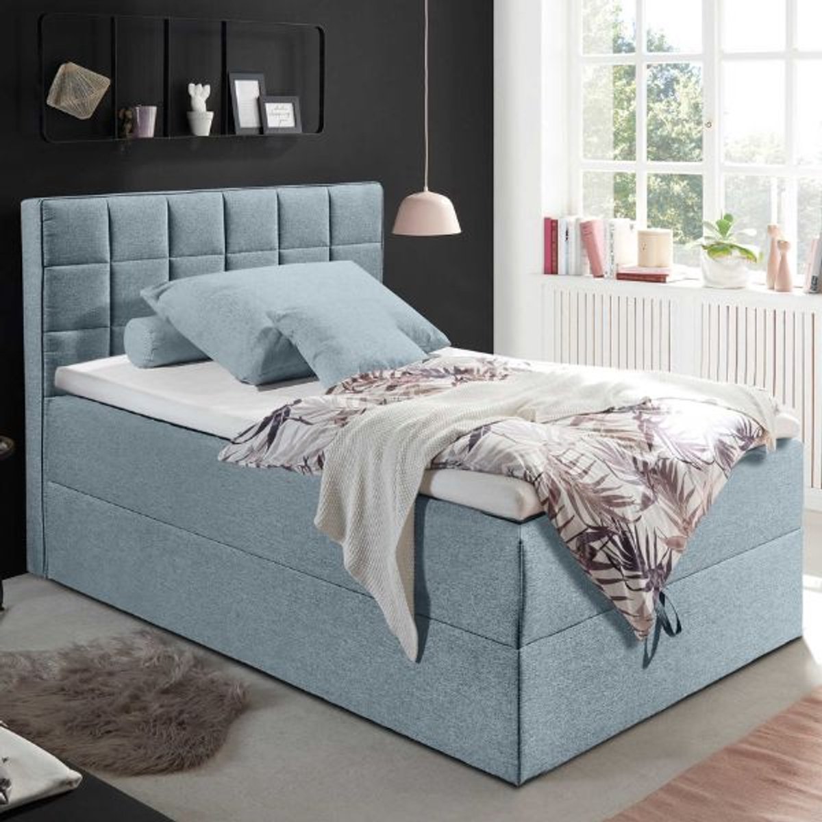 Kofferbed Alaska | 120 X 200 Cm | Turquoise - Emob - Eenpersoons Gestoffeerd Bed - Turquoise - Stof Twijfelaar (120 Cm Breed) Normaal Bed