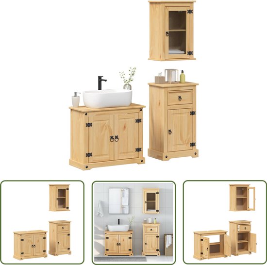 vidaXL Badkamerkasten - Badkamermeubilair - 3-delige Badkamermeubelset Corona massief grenenhout - Grenoblehouten Meubel - Vintage Badkamer - Landelijke Badkamer