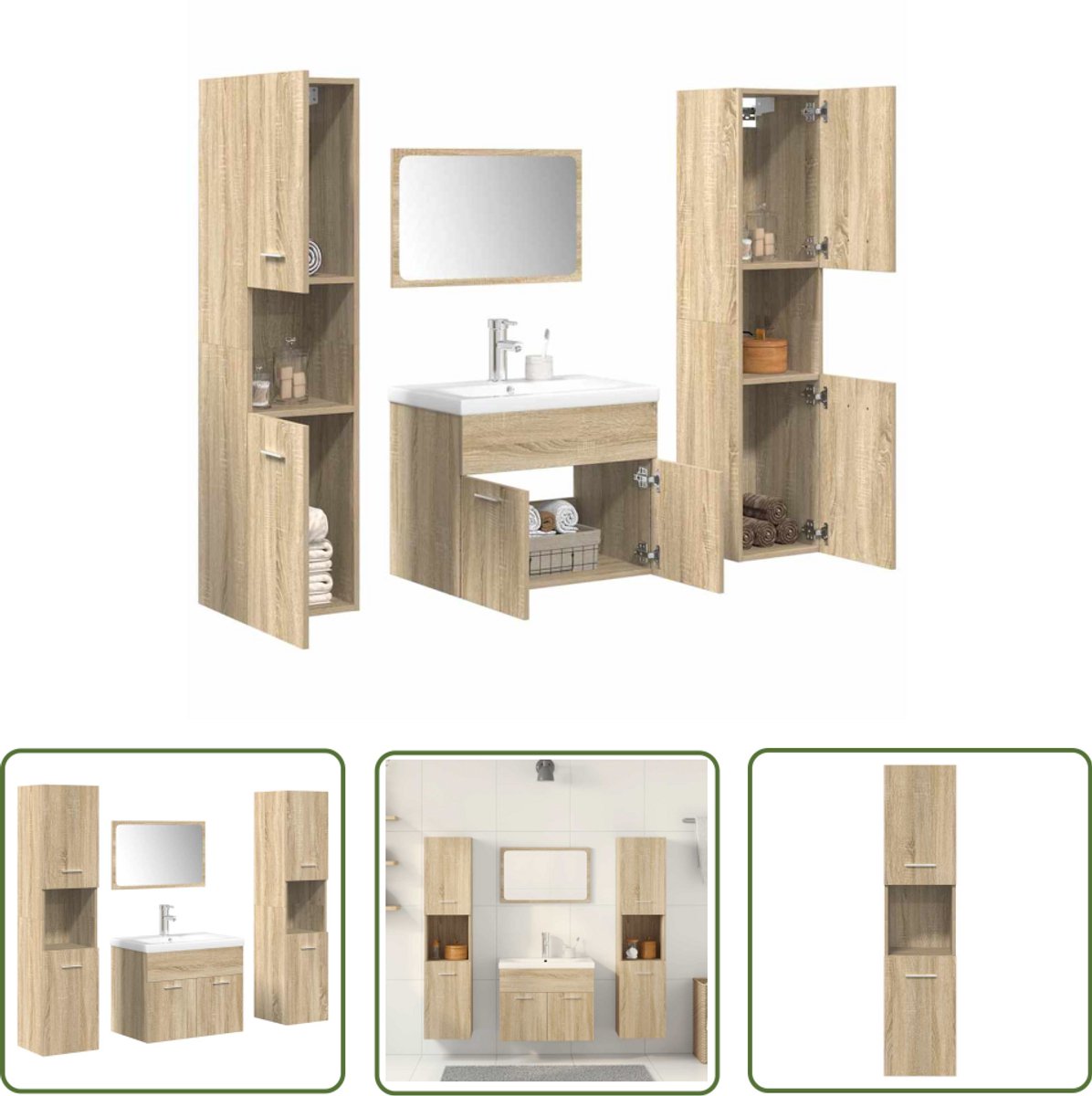 The Living Store 5-delige Badkamermeubelset bewerkt hout sonoma eikenkleurig - Badkamermeubilair - Badkamerinrichting - Sonome Eiken - Wasstandaard - Wastafel