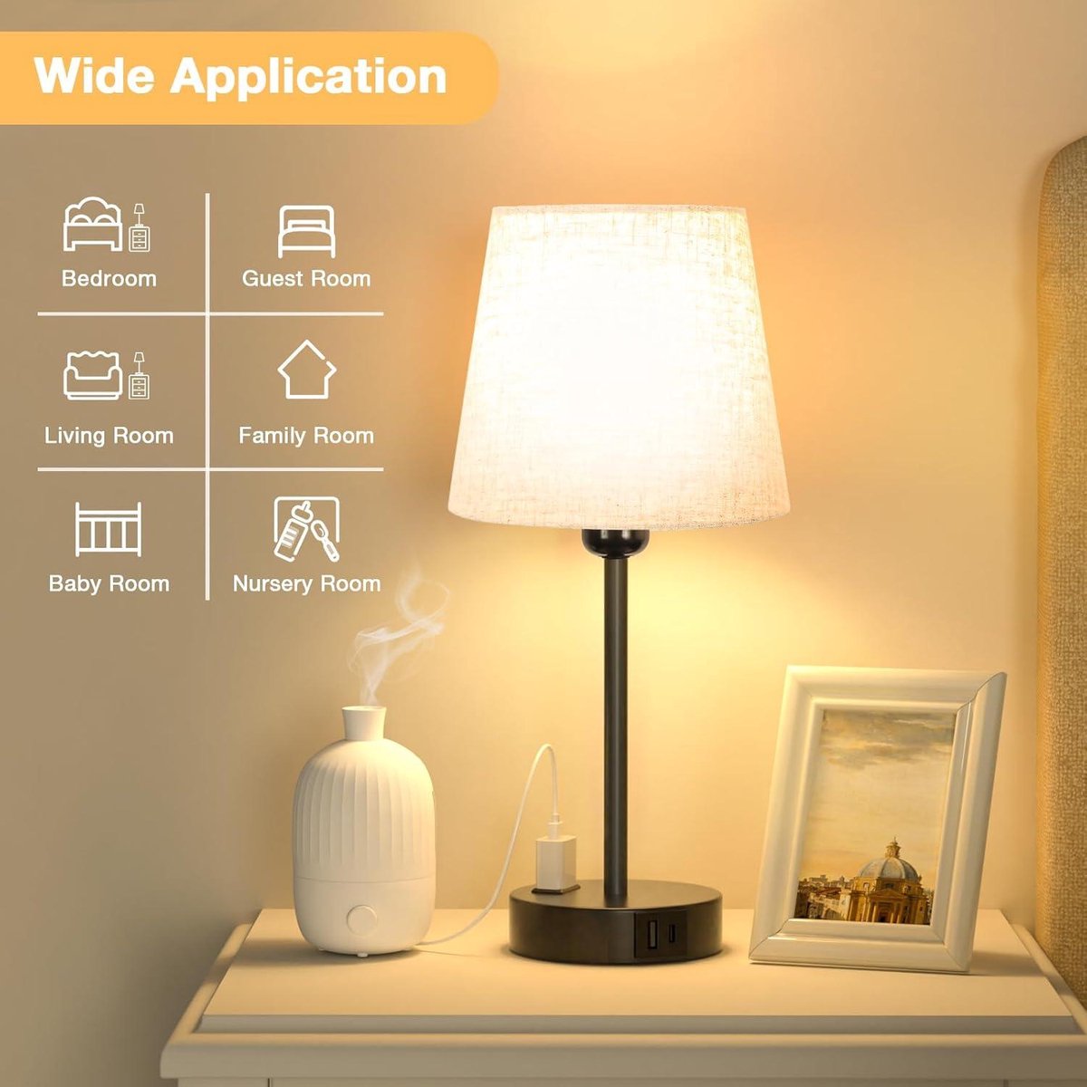 Görvitor Nachtlampje Touch Dimbare set van 2, tafellamp met USB-A/C- oplaadpoorten, linnen paraplu en 3 helderheidsniveaus, bedlampje met kabel voor slaapkamer (lamp 9 W inbegrepen
