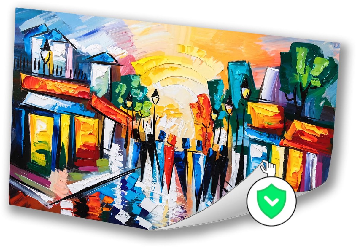 Kleurrijke abstracte stadsstraat - Straat poster - Wanddecoratie gebouwen - Kubisme - Post