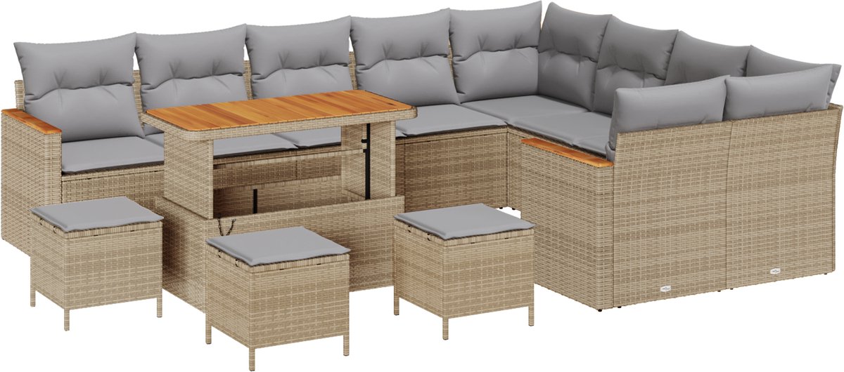 vidaXL - Tuinbank - Set - met - kussen - met - opslag - 13 - pcs - Beige - Poly - Riet