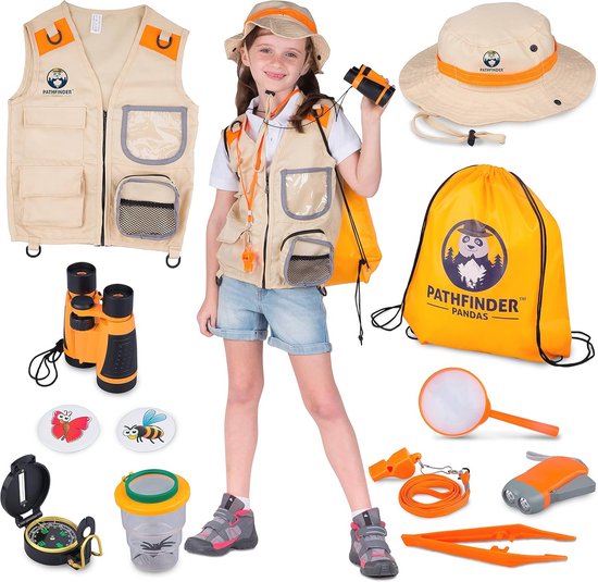 BSBUY Onderzoeksset voor kinderen, 4 stuks, exploratiespeelgoed met vrachtvest, hoed, insectennet en vergrootglas, outdoor speelgoed voor natuurverkenning, camping, onderzoeker, safarikostuum