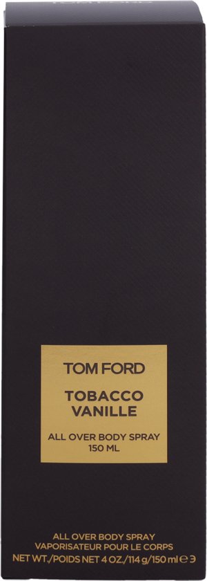 Zwarte Tom Ford Tobacco Vanille body spray 150 ml doos met goudkleurig etiket.