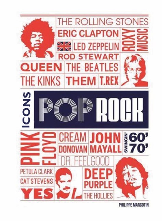 Poster met 'Pop Rock Icons' en afbeeldingen van Jimi Hendrix, Eric Clapton, Rod Stewart en anderen. Teksten: The Rolling Stones, Queen, The Beatles.