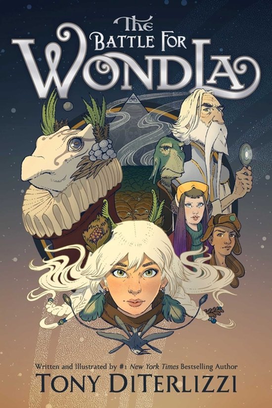 Boekomslag voor 'The Battle for Wondla' met illustraties van Tony DiTerlizzi, met jonge personages en wezens.