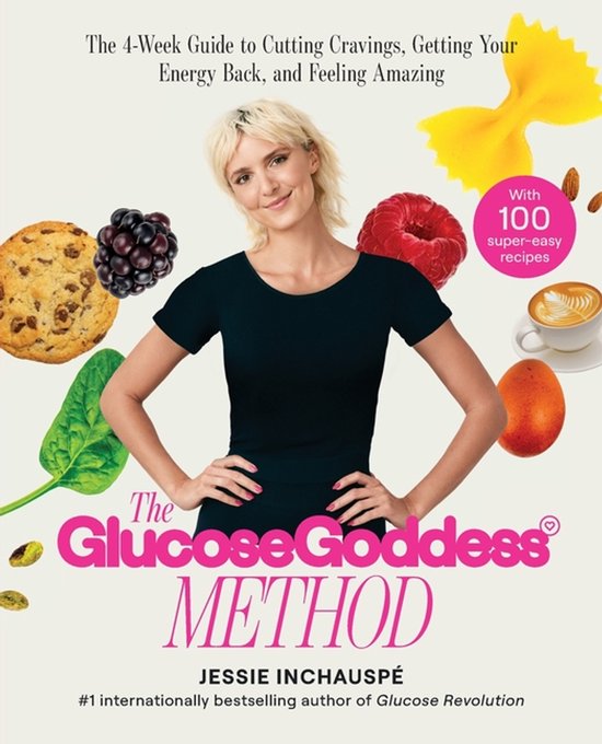 Boekomslag met Jessie Inchauspé, omringd door een koekje, frambozen, bosbessen, spinazie, pitten en pasta. De titel luidt 'The Glucose Goddess Method'.