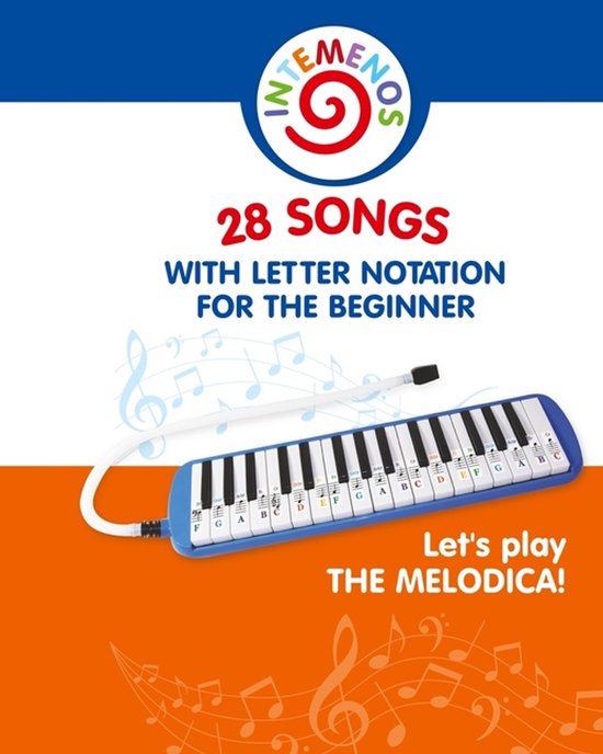 Mélodica bleu avec touches blanches et 28 chansons avec notation par lettres pour débutants.