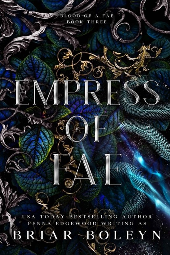 Couverture de livre "Empress of Fae". Feuillage vert et bleu avec des ornements dorés, avec un serpent.