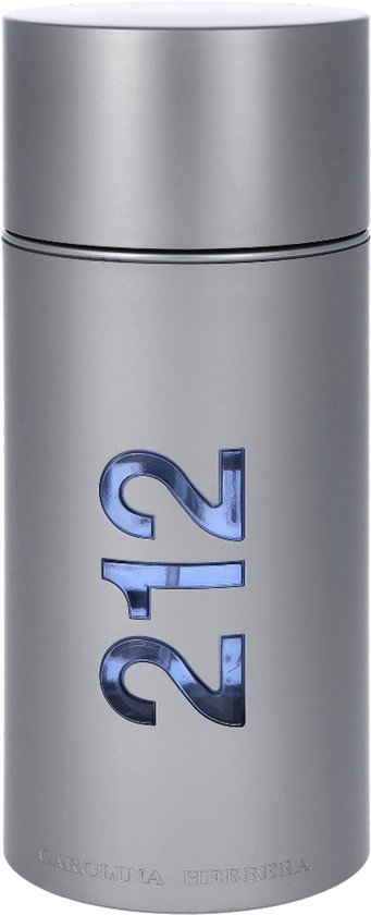 Zilverkleurige parfumfles met blauwe '212' details op de voorkant. 'Carolina Herrera' onderaan.