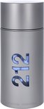 Zilverkleurige parfumfles met blauwe '212' details op de voorkant. 'Carolina Herrera' onderaan.