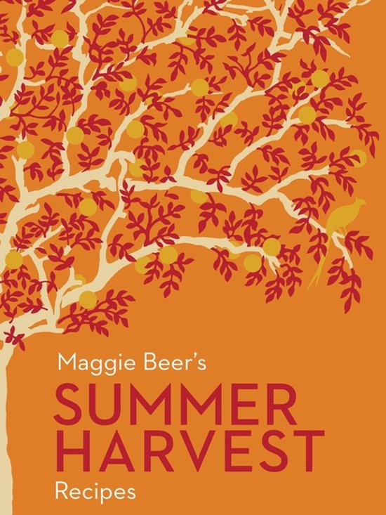 Kookboek 'Maggie Beer's Summer Harvest Recipes' met een oranje illustratie van een boom met vruchten en een vogel.