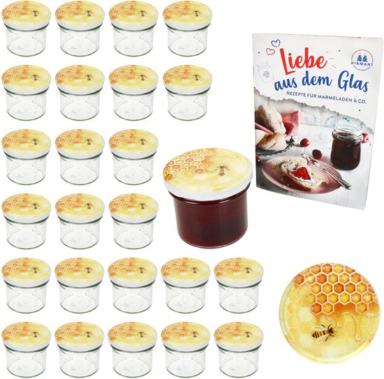 Set van 25 bekers 125 ml jampot inmaakpot Inmaakpot Naar 66 honingdeksel incl. Diamant-Zucker Gelierzauber receptenboekje