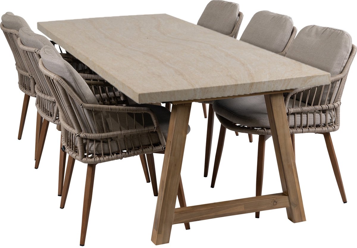 Tuinset met 6 Isabel tuinstoelen in sand/wood en tuintafel Rock 235x95cm travertin.