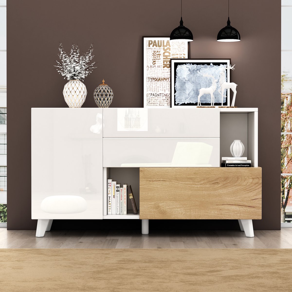 Sweiko Hoogglans TV kast - Houten - 2 laden - Wit + Natuurlijke