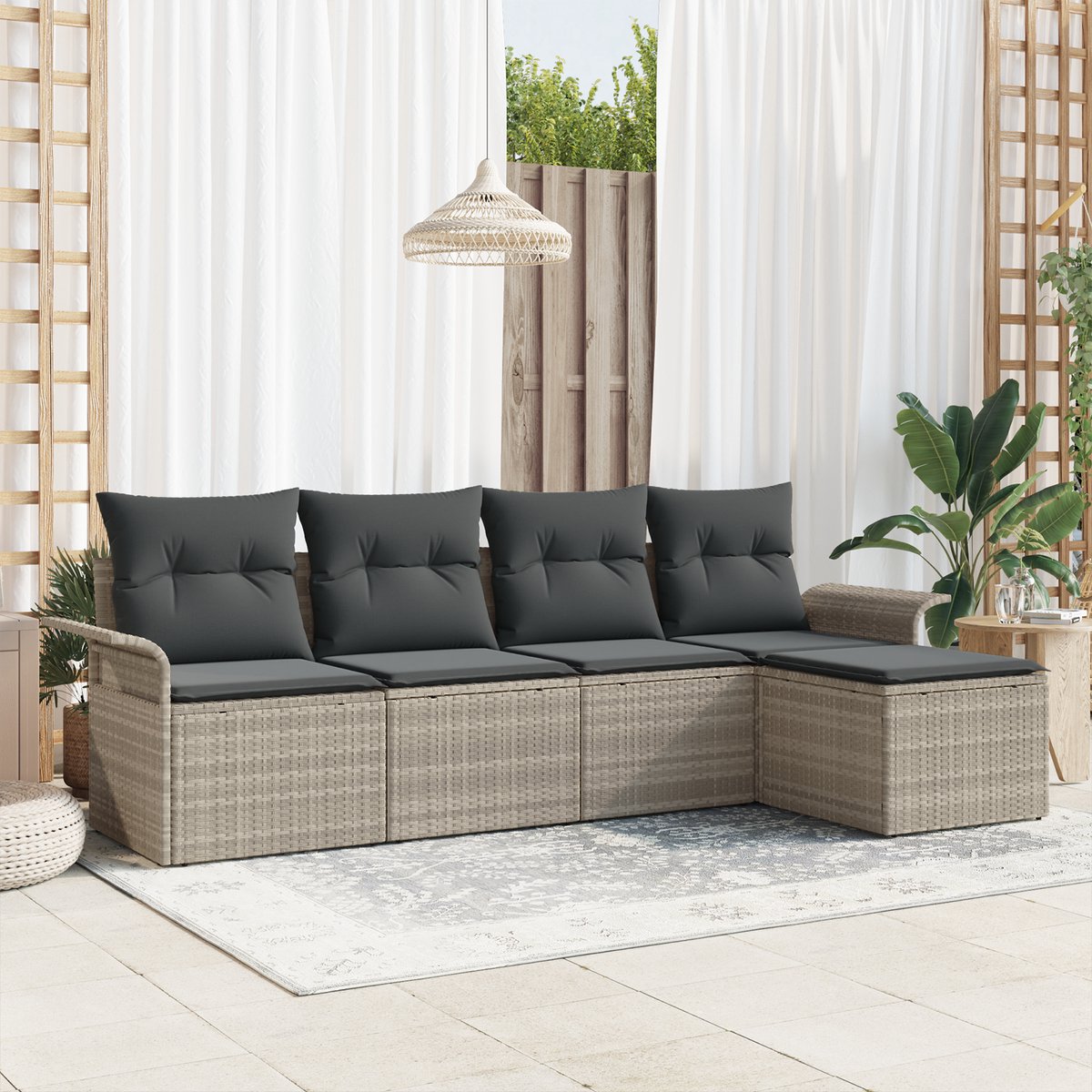 vidaXL - Tuinbank - Set - met - kussen - met - opslag - 5 - pcs - Lichtgrijs - poly - rattan