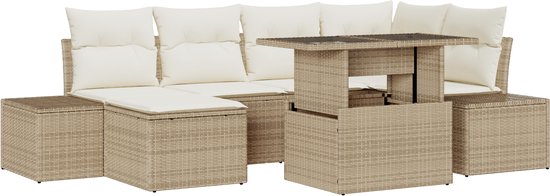 vidaXL - 7-delige - tuinsofa - set - met - kussens - in - beige - poly - rattan