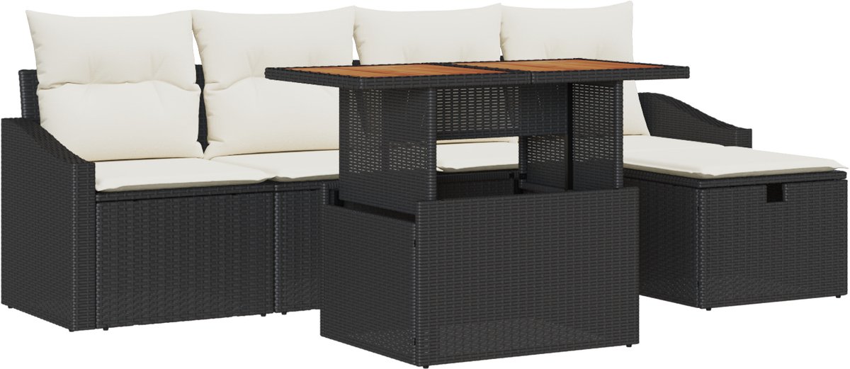 vidaXL - Tuinbank - Set - met - kussen - met - opslag - 6 - pcs - Zwart - poly - rattan
