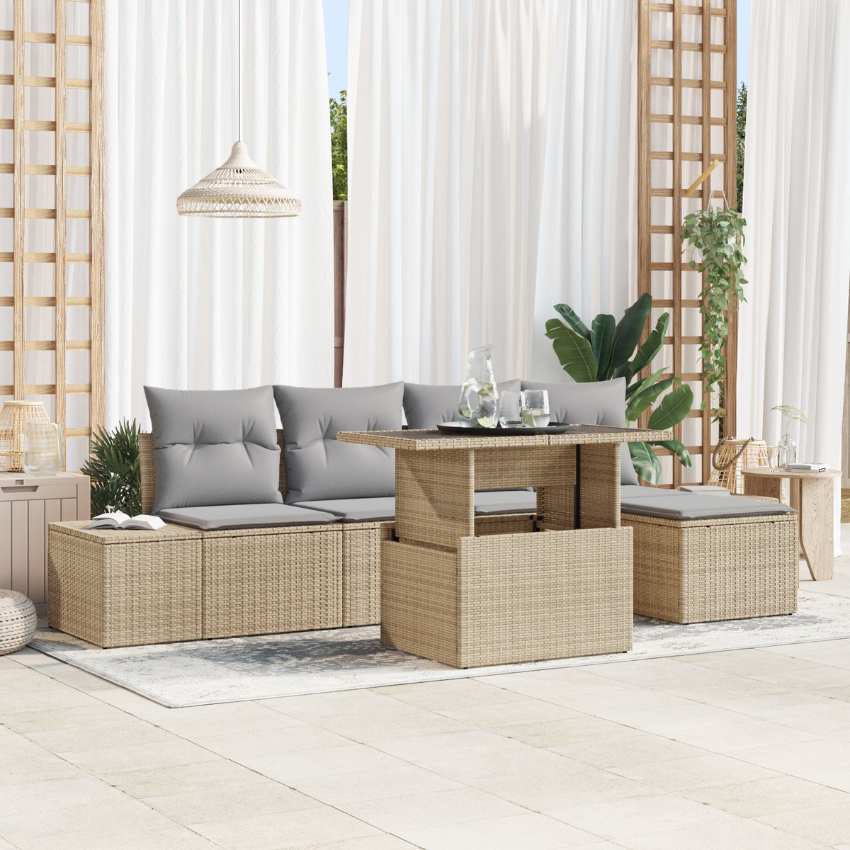 vidaXL - Tuinbank - Set - met - opslag - 6 - pcs - Beige - Poly - rattan