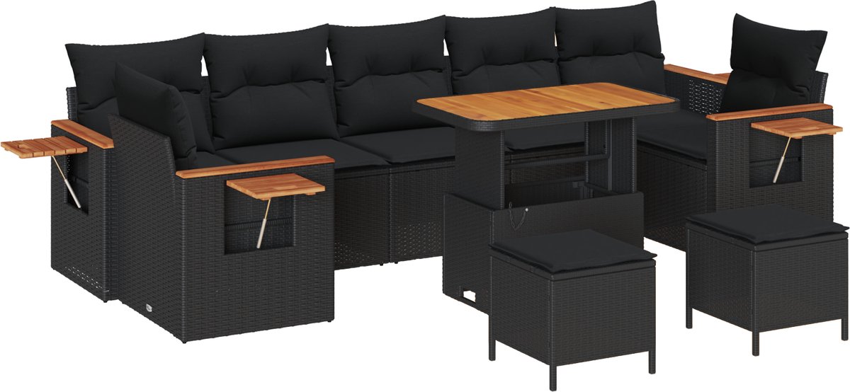 vidaXL - Tuinbank - Set - 10 - pcs - Zwart - Poly - Rattan - en - Poedergecoat - Staal