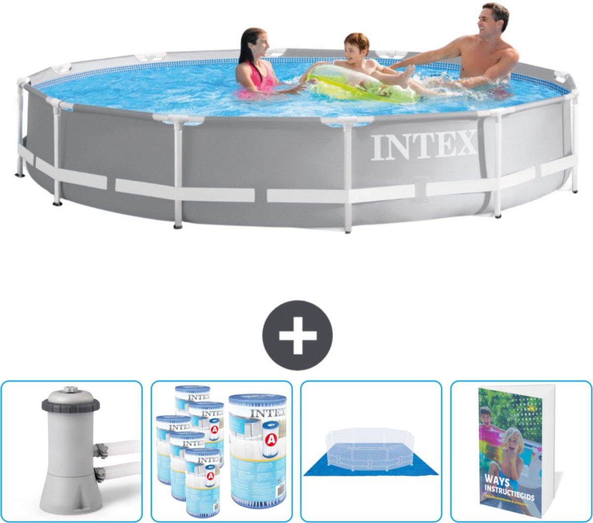 Intex Rond Prism Frame Zwembad - 366 x 76 cm - Grijs - Inclusief Zwembadfilterpomp - Filters - Grondzeil - Zwembadgids
