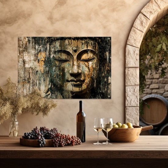 Verweerde Boeddha sculptuur close-up - Boeddha tuinposter - Tuinkunst gezicht - Realistische kunst - Muurdecoratie tuin - Tuin poster - Tuinposter 105x70 cm