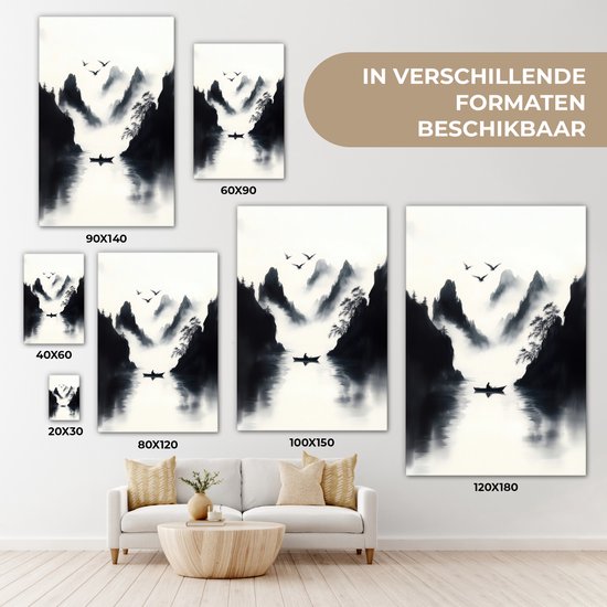 Tableau sur toile 80x120 cm - Décoration murale exclusive Bateau à rames - Brumeux - Montagnes - Vogels - Décoration murale murale salon - Décoration chambre - Accessoires chambre - Peintures sur toile