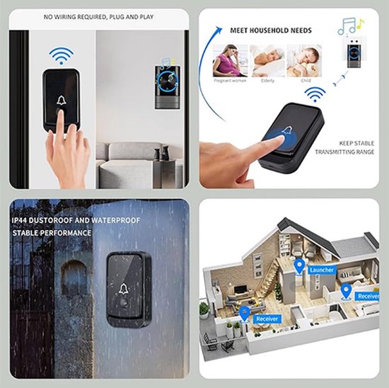 Draadloze Deurbel Set – 2x Plug-in Ontvanger - Bereik 300 meter - IP55 Waterdicht - 4 volumeniveau - 45 Melodieën - Zwart — afbeelding 2