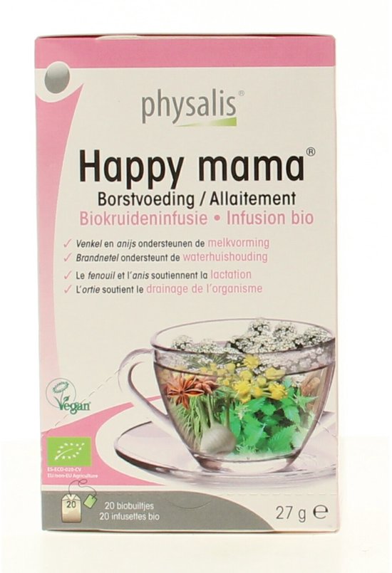 Doosje Physalis Happy mama thee met afbeelding van een kopje kruidenthee met steranijs, groene kruiden en gember. Met vegan logo.