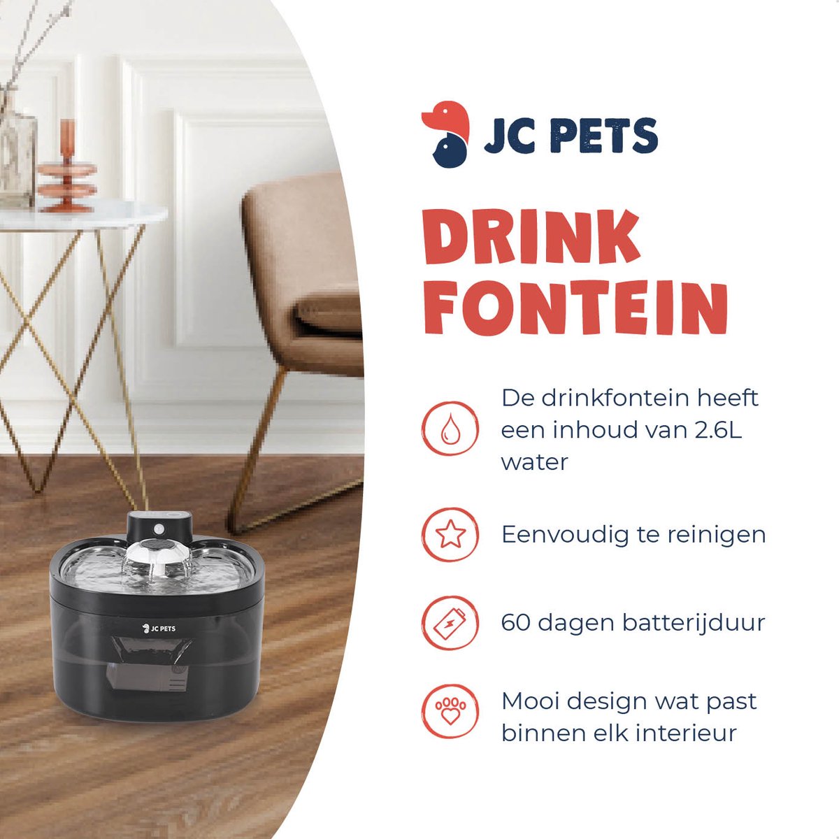 JC Pets Premium Drinkfontein voor Kat en Hond - Draadloze Waterfontein met Sensor - Katten Fontein - Waterbak Automatisch - RVS - Fluisterstil - Inclusief 9 filters - Zwart & Transparant thumbnail 4