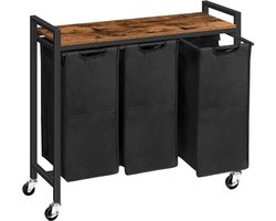 Mila Shop Wasmand - Wasmand 3 vakken - Met boven plank - Op wielen - 84x33x74cm - Zwart/bruin