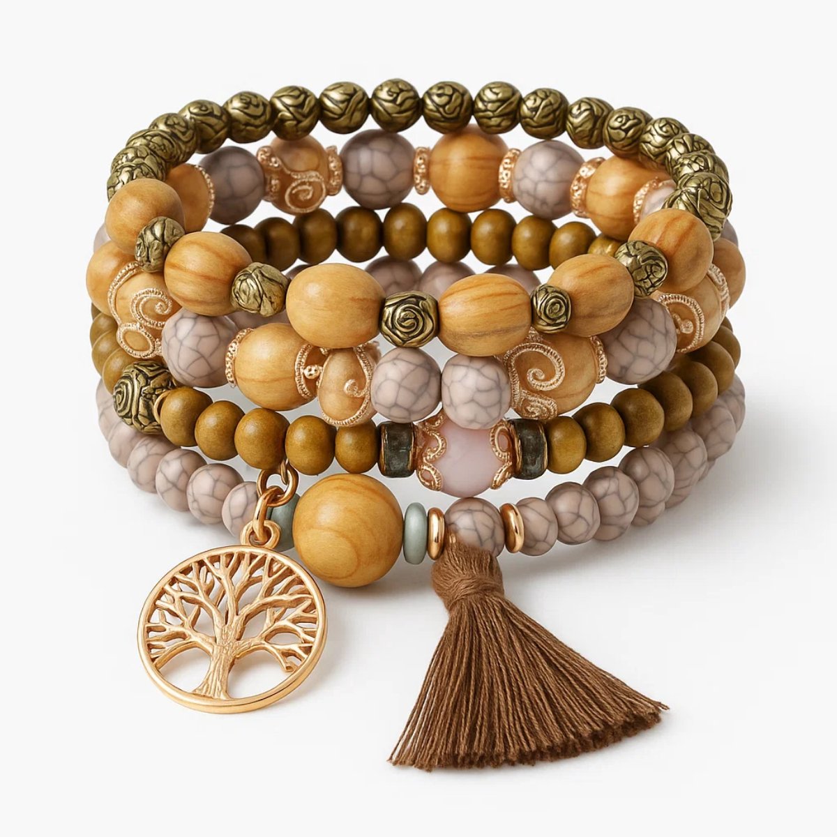 Antusias® BohoCharm Series - Kralenarmbandjes - Bohemian Stijl - Set van 4 - Armbandenset Voor Dames – Elastische Houten Armbandjes – Kralenarmbandjes van hout