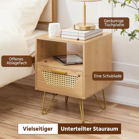 Set de 2 tables de chevet, design en rotin, table d'appoint avec 1 tiroir et 1 compartiment de rangement ouvert, table de chevet, pieds en métal, table de chevet, table de canapé pour chambre/salon, marron clair