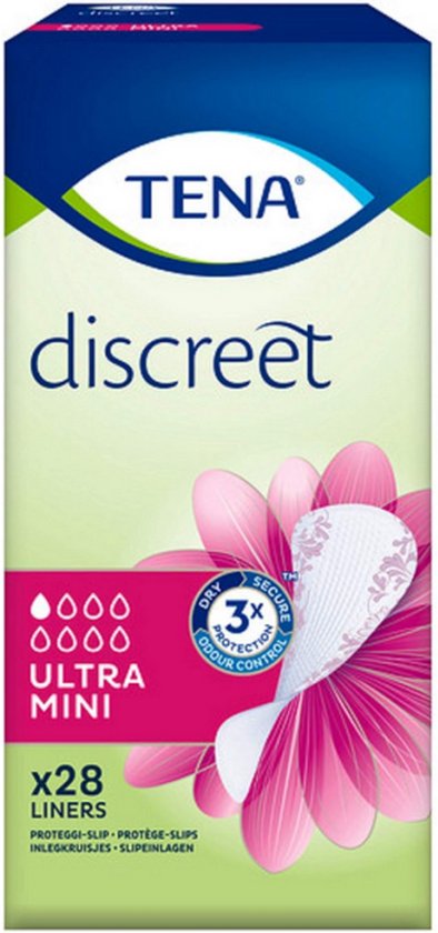 TENA Discreet ultra mini verpakking met paarse bloem en een discrete inlegger.