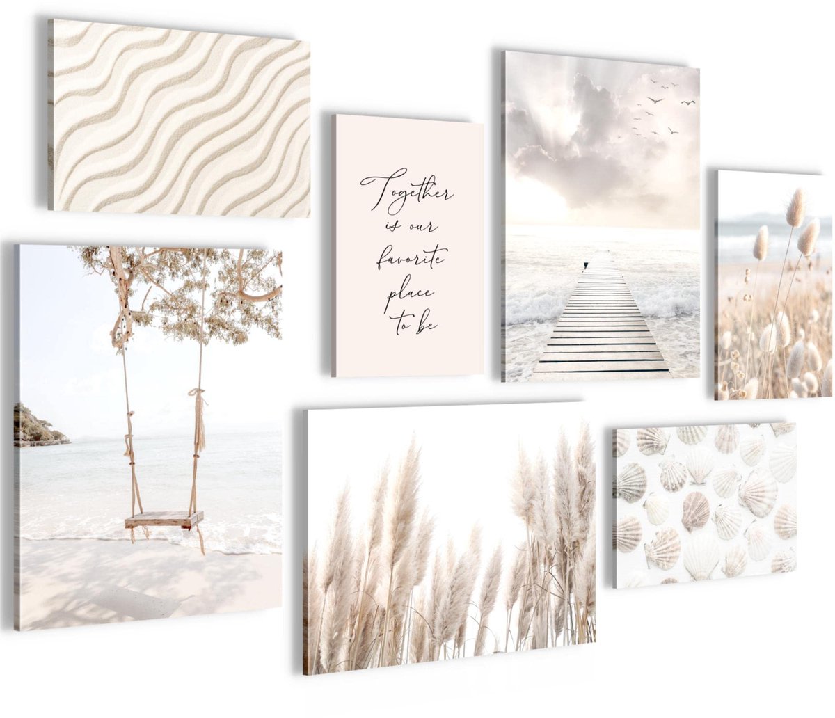 Ibenzoa Moderne Strand en Zee Canvas Wanddecoraties voor Woon- en Slaapkamer in Beige Tinten, Set van 7 Stuks