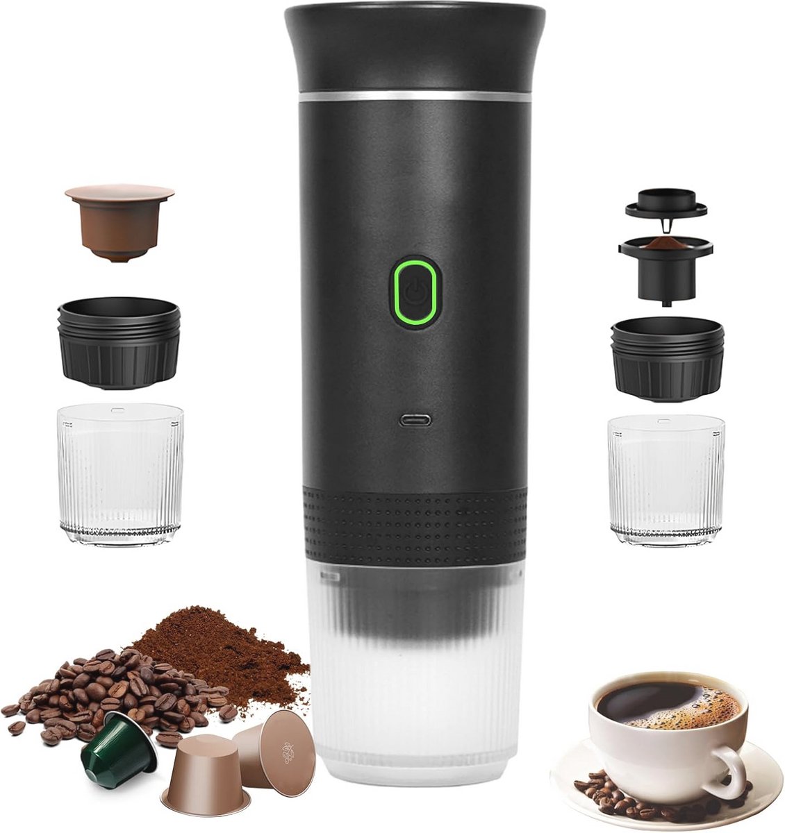 Draagbare 3-in-1 Koffiezetapparaat voor Capsules en Gemalen Koffie - Snelle Verwarming voor Thuis, Kantoor en Camping