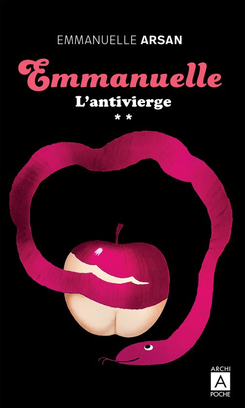 Boek 'Emmanuelle L'antivierge' met een rode appel en een paarse slang erop. Zwarte achtergrond.