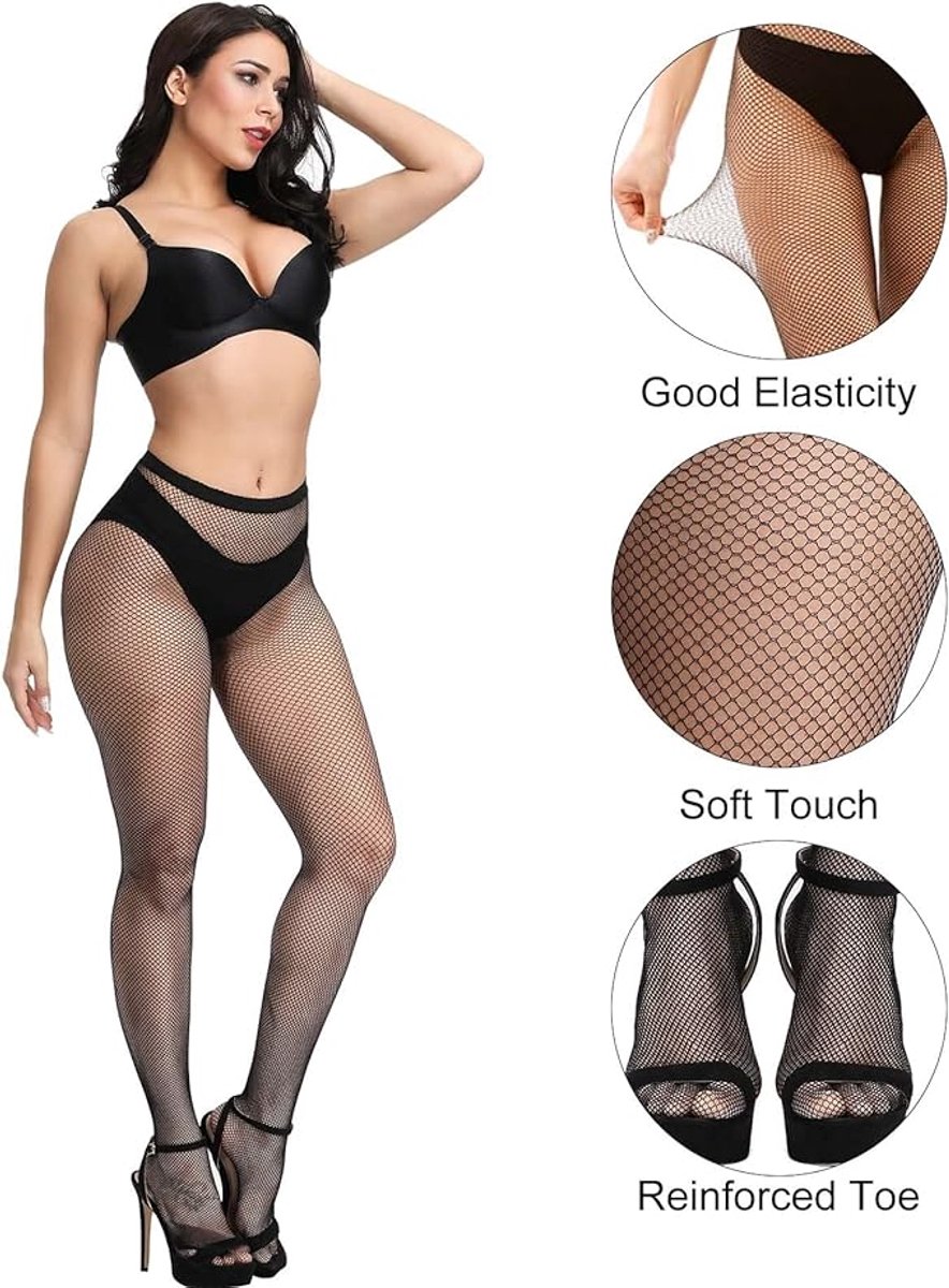 Set van 4 paar netpanty‘s voor dames, hoge taille, 4 stijlen, Zwart, L-XL