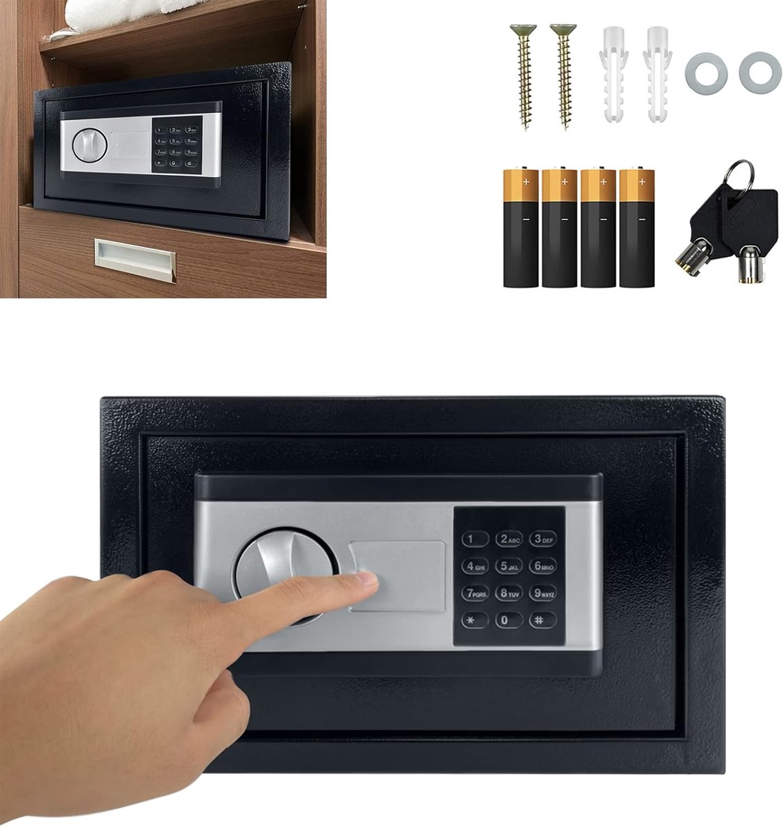 Aufun Elektronische Wandkluis 12L - 31X20X20cm - Brandveilig Waterdicht - Met Wachtwoordslot & Sleutel voor Thuis