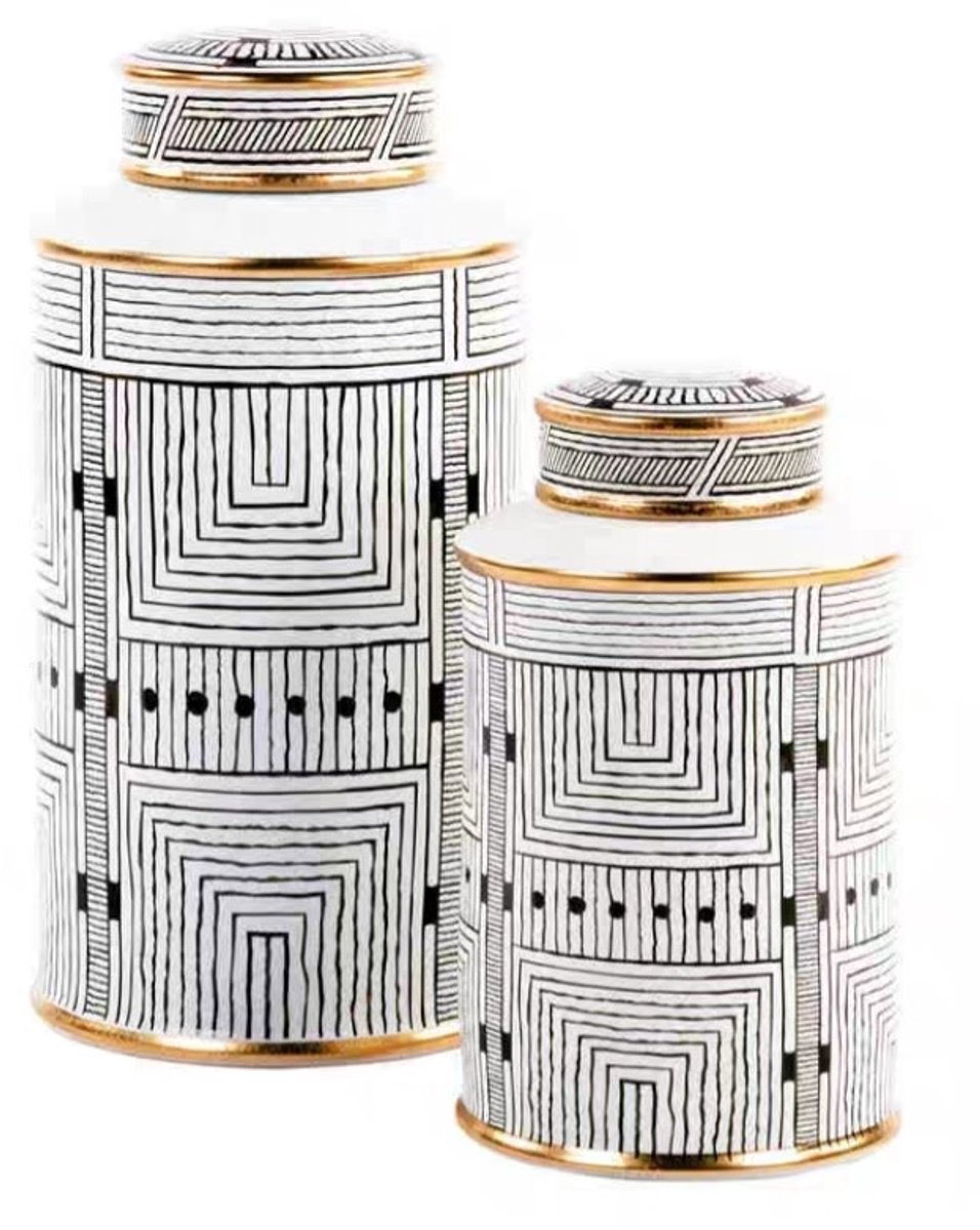 Fine Asianliving Chinese Gemberpot Porselein Wit met Gouden Accent Geometrisch Handgemaakt D16xH31cm Wit, Goud