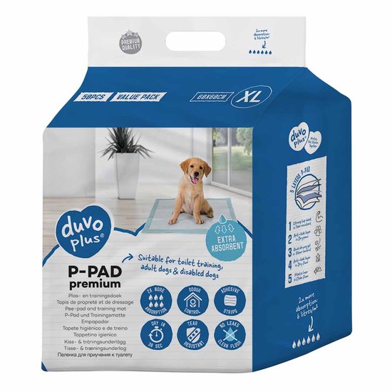 Doos Duvo+ P-PAD premium XL met afbeelding van hond op absorberende pad.