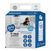 De verpakking van Duvo+ P-PAD premium M, 30x45cm, 50 stuks. Een hondje staat op een plas-pad.