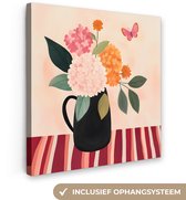 Canvas schilderij 90x90 cm - Exclusieve wanddecoratie Vaas - Bloemen - Vlinder - Rood - Muurdecoratie woonkamer - Slaapkamer decoratie - Kamer accessoires - Schilderijen op canvas