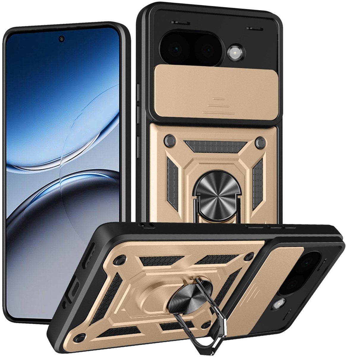 MobyDefend Hoesje - Geschikt voor Google Pixel 9a - Pantsercase Met Draaibare Ring - Goud