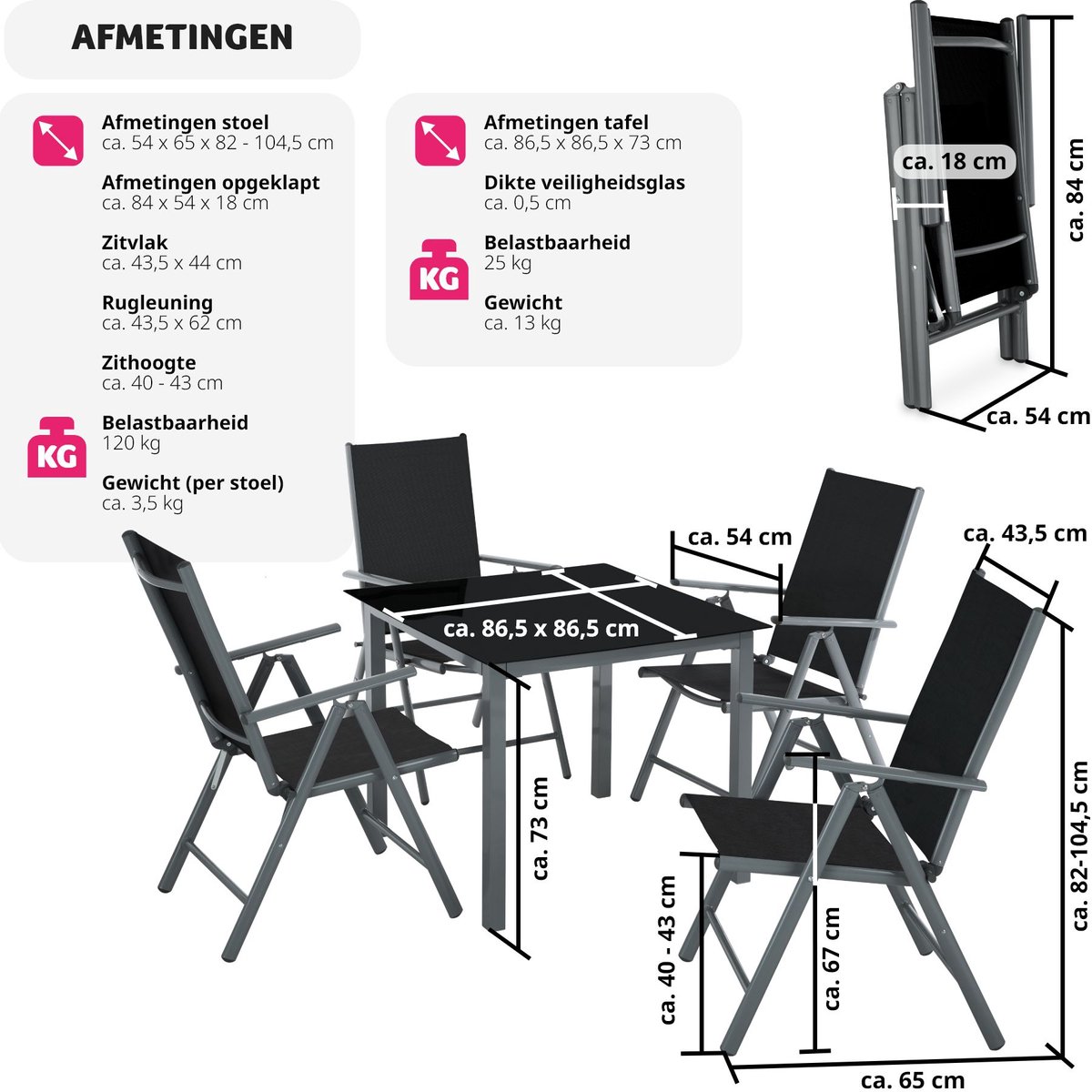 tectake® - Aluminium Tuinset - Zitgroep met 4 Tuinstoelen en 1 Tuintafel - Donkergrijs - Tuinmeubelset voor 4 Personen - Weerbestendig en UV-bestendig - Stoelen met verstelbare Rugleuning - Tuintafelset – foto 5